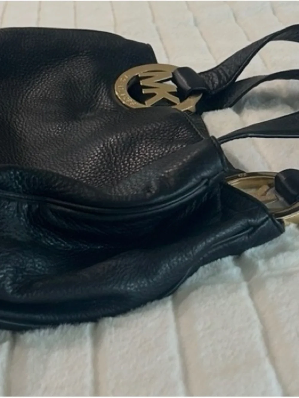 Michael Kors Black Leather Shoulder Tote with Gold MK Charm